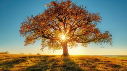 The sun shines through a beautiful tree under a blue sky - Powered by Adobe