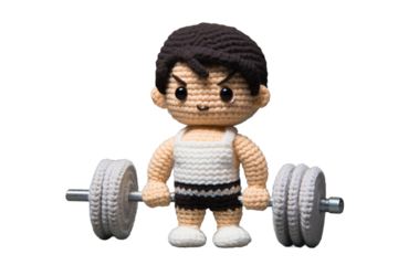 The Crocheted Strongman: A Man Holding a Barbell on White or PNG Transparent Background.