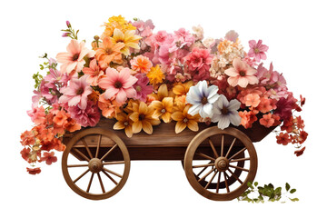 Floral Symphony: A Wooden Wagon Overflowing With Blooms on White or PNG Transparent Background.