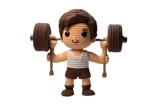 The Strong Crochet Connoisseur: A Mans Barbell Moment on White or PNG Transparent Background.