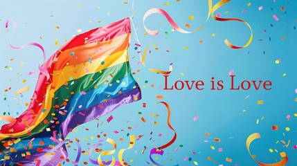 Celebrating LGBTQ+ Pride Month 2024: a large, flowing rainbow flag against a bright sky-blue background with colorful confetti, streamers and 'Love is Love' slogan, symbolizing pride and celebration