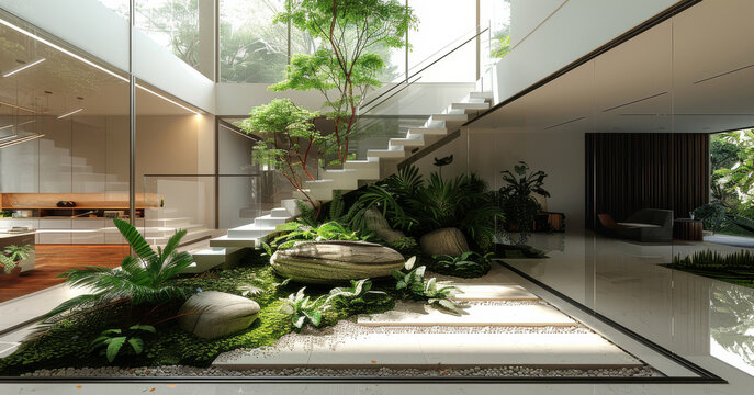 Strait rectangular u shape stairs with glass railing as main focal point of the living area over looking an internal courtyard with botanical landscape. Generative AI.