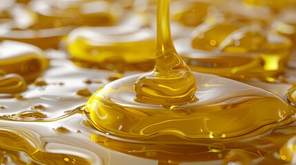  A container holds a yellow liquid, atop which rests another layer of a yellow and white liquid A single droplet extrudes from the surface of the top layer