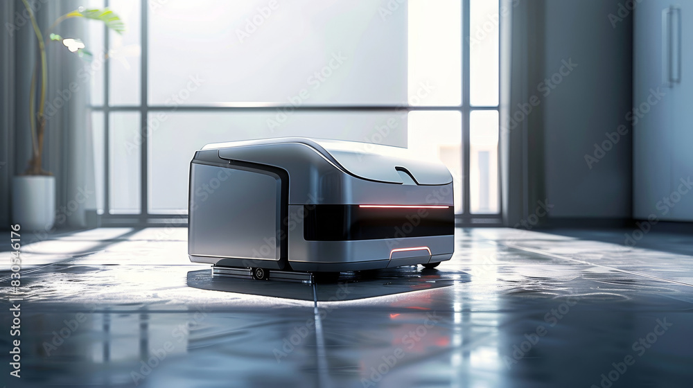 Poster Technological design, a bright metallic-colored covered cleaning robot with minimalist design, body with real high light reflection texture in metallic gray. Generative AI.