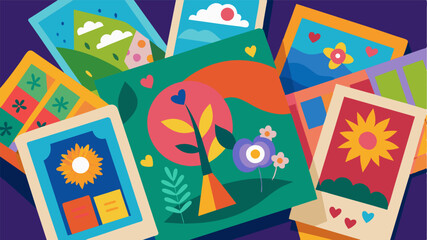 A vibrant display of different types of handcrafted cards made by residents at the local workshop using various art techniques to express their creativity and emotions.. Vector illustration