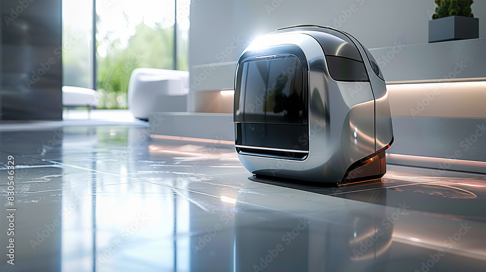 Poster Technological design, a bright metallic-colored covered cleaning robot with minimalist design, body with real high light reflection texture in metallic gray. Generative AI.