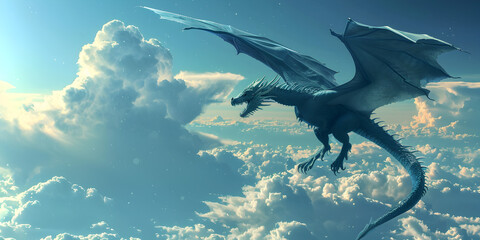 Powerful Dragon with Vast Wingspan Flying High Above the Clouds, Painting of a Giant Dragon Flying