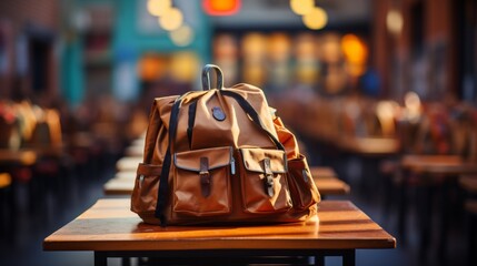 School bag on wooden table bokeh background