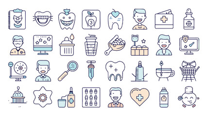 A collection of medical icons including a stethoscope, a syringe, a toothbrush