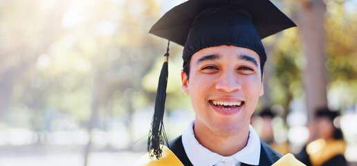 Happy man, portrait and graduation with hat in nature for outdoor ceremony, scholarship or qualification. Young male person, student or graduate with smile for education, higher certificate or banner