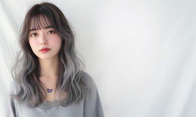 Naklejka premium young japanese woman in a photo studio with Silver long Digital Perm Waves hair with bangs , against a White backdrop