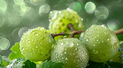Close up of fresh green grapes with water droplets highlighting their juicy and refreshing nature in a vibrant garden setting. Generative Ai
