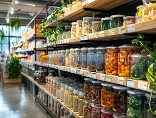 Fototapeta premium Zero Waste Grocery Store with Reusable Containers and Sustainable Shelving Display
