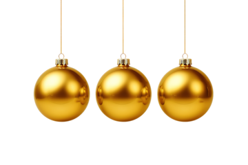 The Elegance of Three Gold Christmas Baubles on White or PNG Transparent Background.