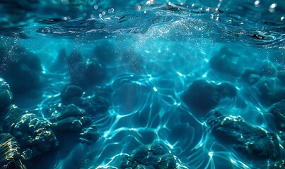 Beautiful turquoise blue of the ocean water surface, reflecting light and showcasing dynamic interplay across the water