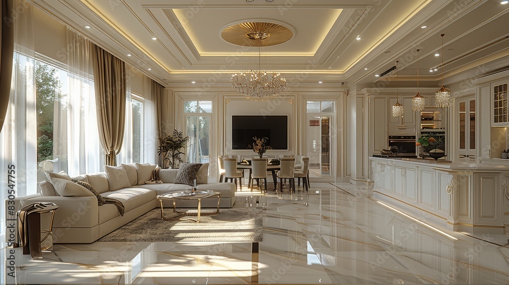 Poster large classical living area with dining space and a large counter open kitchen. generative ai.
