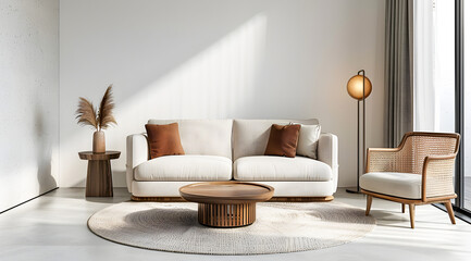 Boho nomadic interior design of modern living room