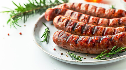 Plate with delicious grilled sausages. AI generative.