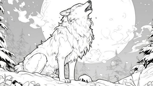 Coloring page featuring a wolf howling depicted in a charming black and white cartoon illustration