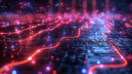 Abstract technology background As we navigate the digital maze, the neon lights serve as our guideposts, leading us towards new frontiers of exploration and discovery. Generative AI.