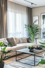 A modern living room with stylish furniture, a large window with curtains, and decorative elements like plants and art. The natural light brightens the space, making it feel open and welcoming.