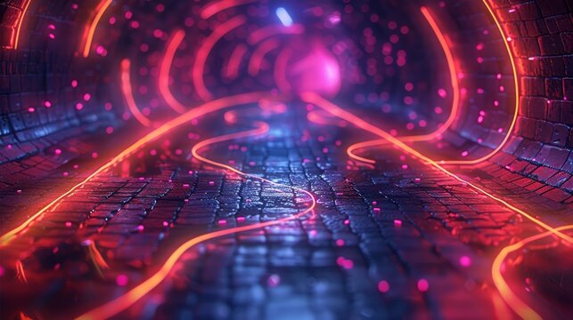 Abstract technology background As we navigate the digital maze, the neon lights serve as our guideposts, leading us towards new frontiers of exploration and discovery. Generative AI.