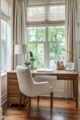 Fototapeta premium An inviting home office with a large desk, a comfortable chair, and organized stationery. The natural light from a nearby window creates an inspiring and productive workspace.