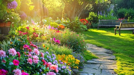 A well-maintained garden with a variety of colorful flowers, a stone pathway, and a wooden bench. The sunlight creates a vibrant and peaceful outdoor retreat.