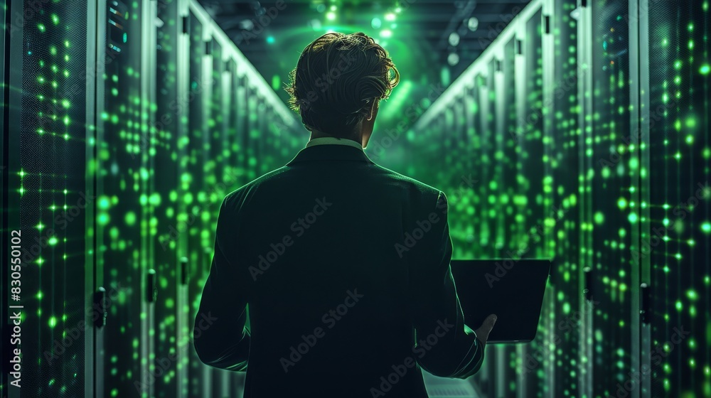 Poster a professional man facing a data center with the colors black and green. the person is a man facing 