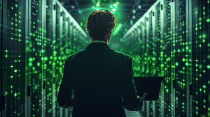 Fototapeta premium A professional man facing a data center with the colors black and green. The person is a man facing the data center with a laptop in his hands. Generative AI.
