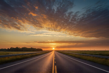 A landscape pf a straight highway with beautiful sunset