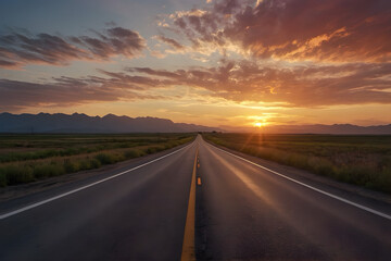 A landscape pf a straight highway with beautiful sunset