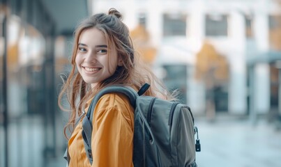 Young girl smiling happily on her first day at work