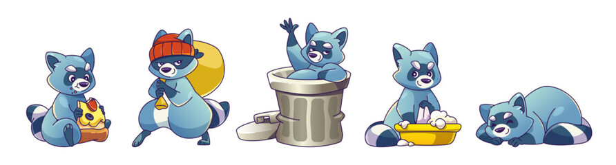 Funny racoon characters set isolated on white background. Vector cartoon illustration of animal mascot in chewing piece of pizza, robber carrying bag, sitting in waste bin, doing laundry, sleeping © klyaksun