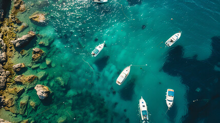 Aerial view of several boats are peacefully floating on the water near Sa Foradada, Mallorca Spain - relaxing people swimming sunbathing
