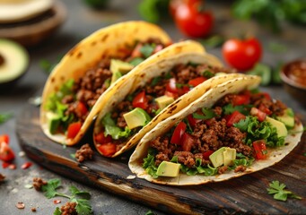 Fresh Tacos with Avocado and Tomato on a Flat Lay Generative AI