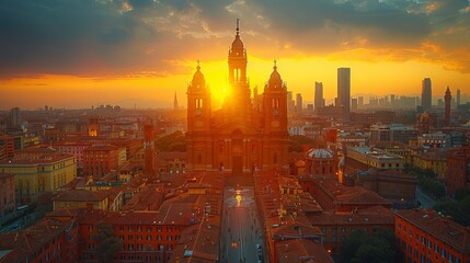 A breathtaking sunset illuminates the skyline of a historic city, highlighting a prominent cathedral surrounded by modern skyscrapers.