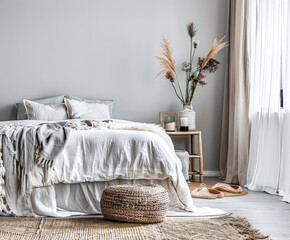 Scandinavian minimalist bedroom interiors with neutral tones, minimal furniture and copyspace for text