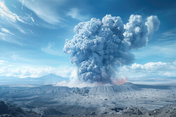 A powerful daytime volcanic eruption with smoke and ash billowing into the sky