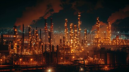 Fototapeta premium The fiery glow of a refinery at night, its complex network of pipes and towers a testament to the industry's scale and importance