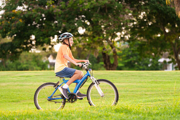 Boy riding bike in summer park. Bicycle ride.