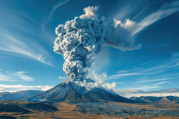 A powerful daytime volcanic eruption with smoke and ash billowing into the sky