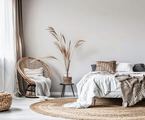 Scandinavian minimalist bedroom interiors with neutral tones, minimal furniture and copyspace for text