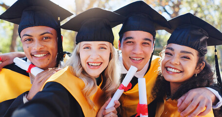 Happy friends, portrait and graduation with selfie of people for celebration, photography or...