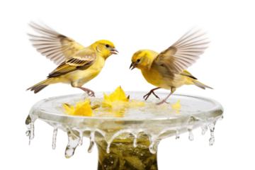 Sunshine Serenade: Two Yellow Birds Perched on Elegant Bird Bath on White or PNG Transparent Background.