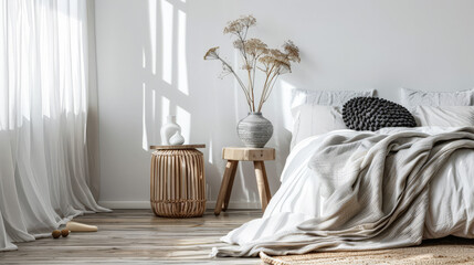 Scandinavian minimalist bedroom interiors with neutral tones, minimal furniture and copyspace for text
