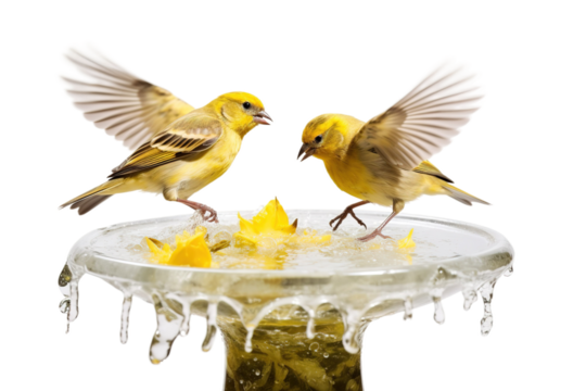 Sunshine Serenade: Two Yellow Birds Perched on Elegant Bird Bath on White or PNG Transparent Background.