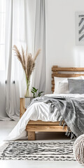 Scandinavian minimalist bedroom interiors with neutral tones, minimal furniture and copyspace for text