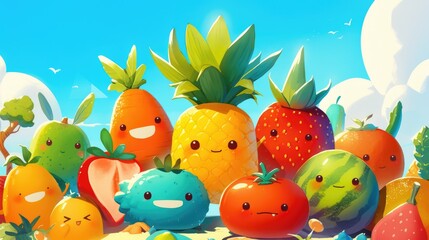 Join the playful adventure of Cheerful Mix Fruits as they team up with quirky cartoon vegetables of all shapes to tackle diverse projects