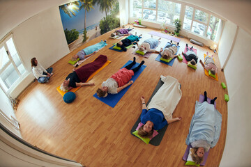 A group of senior women engage in various yoga exercises, including neck, back, and leg stretches,...